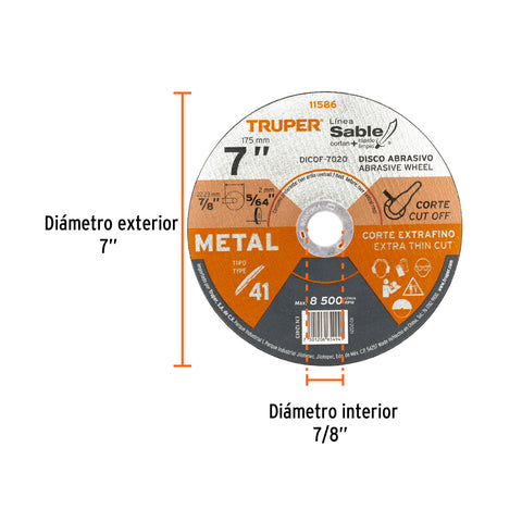 Disco Tipo 41 de 7' x 2 mm corte fino de metal, Sable | DICOF-7020 | 11586