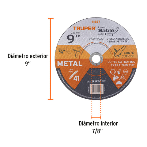 Disco Tipo 41 de 9' x 2 mm corte fino de metal, Sable | DICOF-9020 | 11587