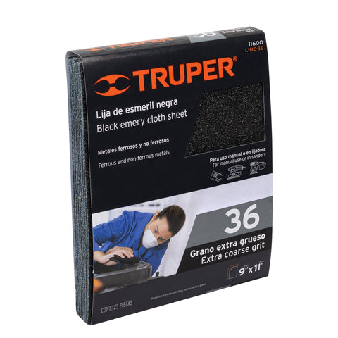 Lija de esmeril negra grano 36 de óxido de aluminio, Truper | LIME-36 | 11600