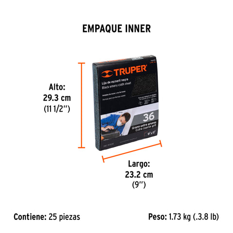 Lija de esmeril negra grano 36 de óxido de aluminio, Truper | LIME-36 | 11600