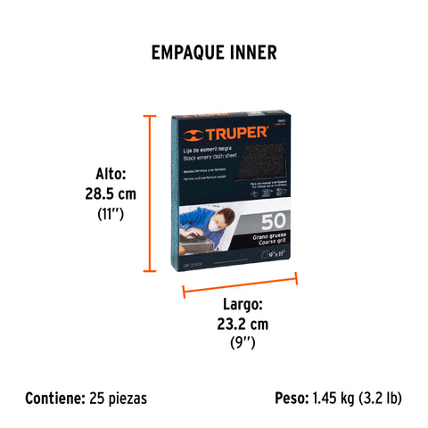 Lija de esmeril negra grano 50 de óxido de aluminio, Truper | LIME-50 | 11601