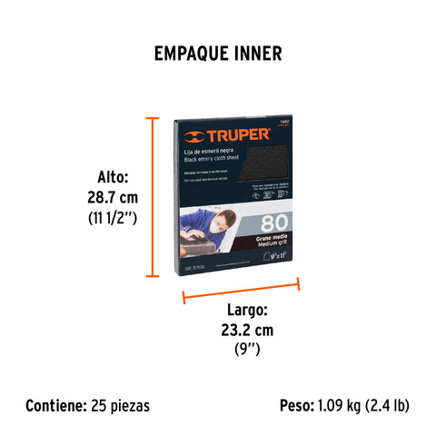 Lija de esmeril negra grano 80 de óxido de aluminio, Truper | LIME-80 | 11602