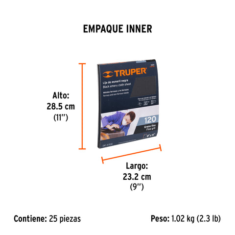 Lija de esmeril negra grano 120 de óxido de aluminio, Truper | LIME-120 | 11603