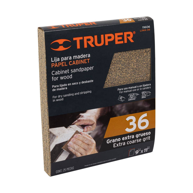 Lija para madera papel cabinet, grano 36, Truper (LIMA-36)