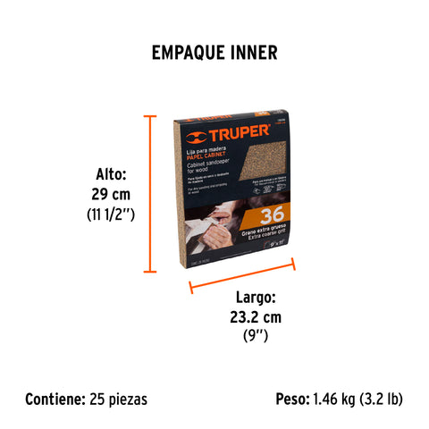 Lija para madera papel cabinet, grano 36, Truper | LIMA-36 | 11606