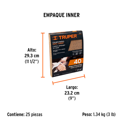 Lija para madera papel cabinet, grano 40, Truper | LIMA-40 | 11607