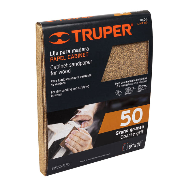 Lija para madera papel cabinet, grano 50, Truper (LIMA-50)