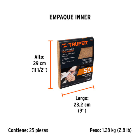 Lija para madera papel cabinet, grano 50, Truper | LIMA-50 | 11608