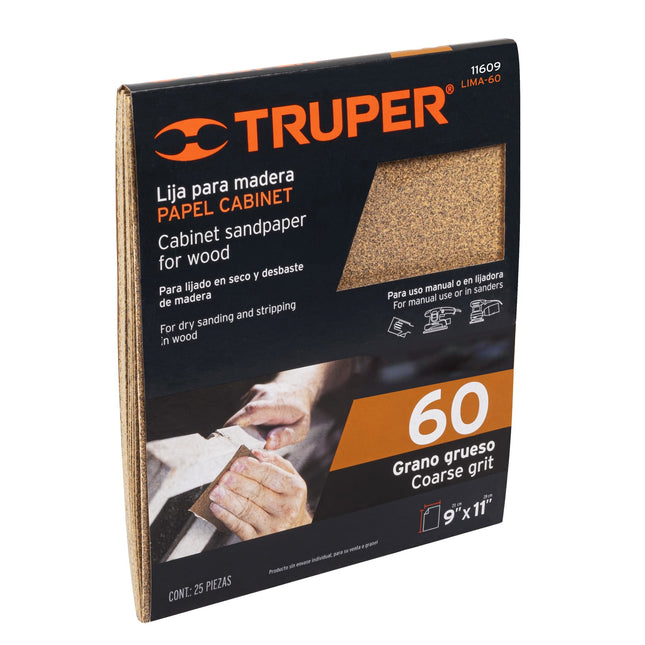Lija para madera papel cabinet, grano 60, Truper (LIMA-60)