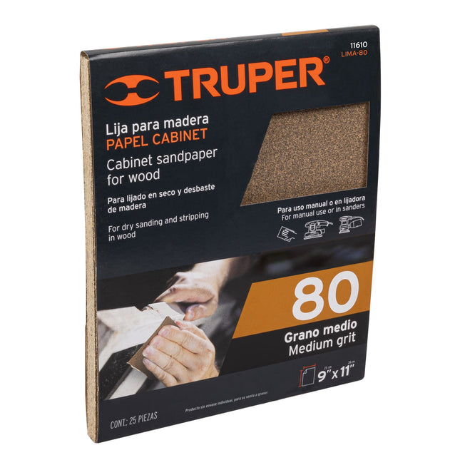 Lija para madera papel cabinet, grano 80, Truper (LIMA-80)