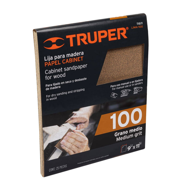 Lija para madera papel cabinet, grano 100, Truper (LIMA-100)