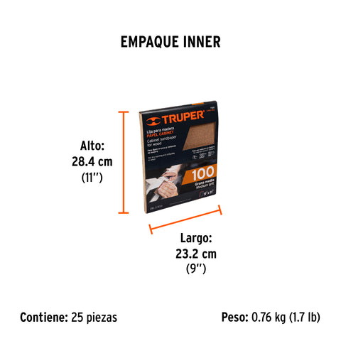 Lija para madera papel cabinet, grano 100, Truper | LIMA-100 | 11611