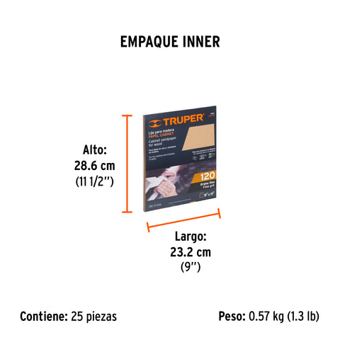 Lija para madera papel cabinet, grano 120, Truper | LIMA-120 | 11612