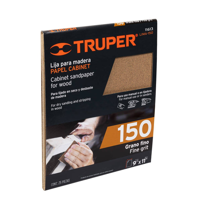 Lija para madera papel cabinet, grano 150, Truper (LIMA-150)