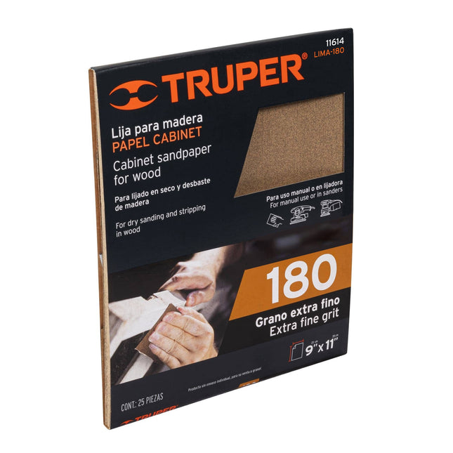 Lija para madera papel cabinet, grano 180, Truper (LIMA-180)