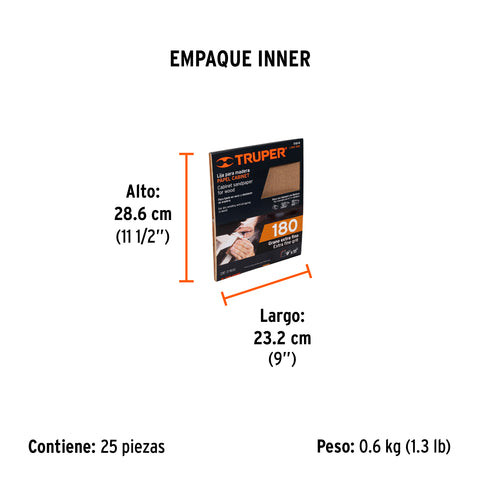 Lija para madera papel cabinet, grano 180, Truper | LIMA-180 | 11614