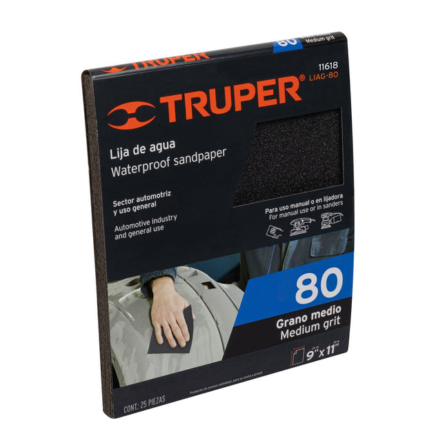 Lija de agua grano 80 de carburo de silicio, Truper (LIAG-80)