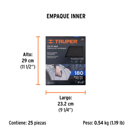 Lija de agua grano 180 de carburo de silicio, Truper (LIAG-180)