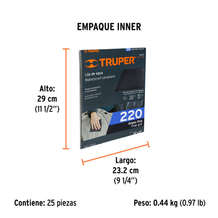 Lija de agua grano 220 de carburo de silicio, Truper (LIAG-220)