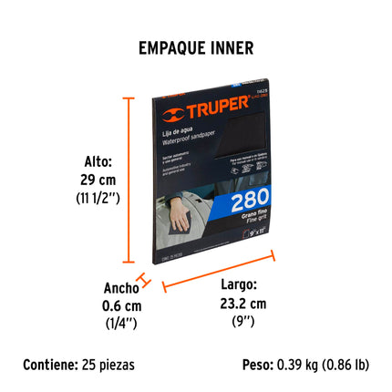Lija de agua grano 280 de carburo de silicio, Truper (LIAG-280)
