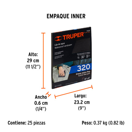 Lija de agua grano 320 de carburo de silicio, Truper (LIAG-320)