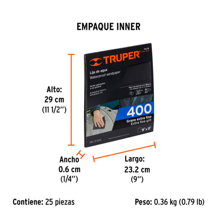 Lija de agua grano 400 de carburo de silicio, Truper (LIAG-400)