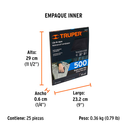 Lija de agua grano 500 de carburo de silicio, Truper (LIAG-500)