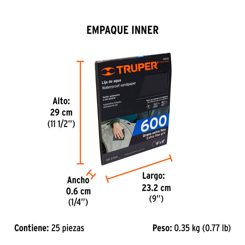 Lija de agua grano 600 de carburo de silicio, Truper | LIAG-600 | 11630