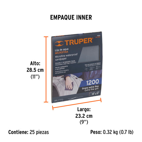 Lija de agua grano 1200 microfina carburo de silicio, Truper | LIAG-1200 | 11634