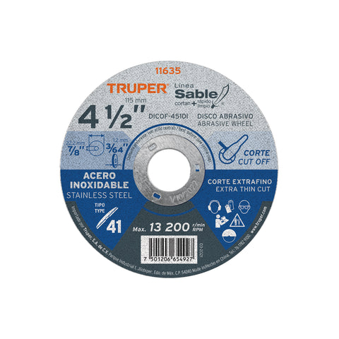 Disco Tipo 41 de 4-1/2' x 1 mm corte fino acero inox, Sable | DICOF-4510I | 11635