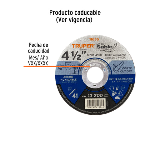 Disco Tipo 41 de 4-1/2' x 1 mm corte fino acero inox, Sable | DICOF-4510I | 11635