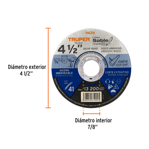 Disco Tipo 41 de 4-1/2' x 1 mm corte fino acero inox, Sable | DICOF-4510I | 11635
