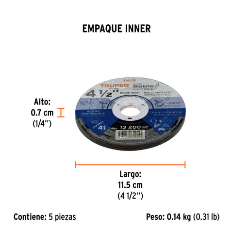 Disco Tipo 41 de 4-1/2' x 1 mm corte fino acero inox, Sable | DICOF-4510I | 11635