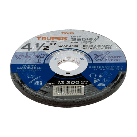 Disco Tipo 41 de 4-1/2' x 1 mm corte fino acero inox, Sable | DICOF-4510I | 11635