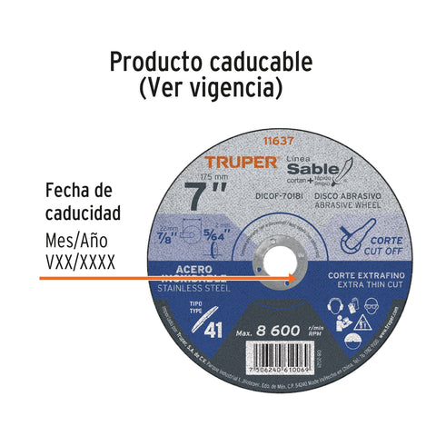 Disco Tipo 41 de 7' x 1.8 mm corte fino acero inox, Sable | DICOF-7018I | 11637