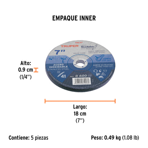 Disco Tipo 41 de 7' x 1.8 mm corte fino acero inox, Sable | DICOF-7018I | 11637