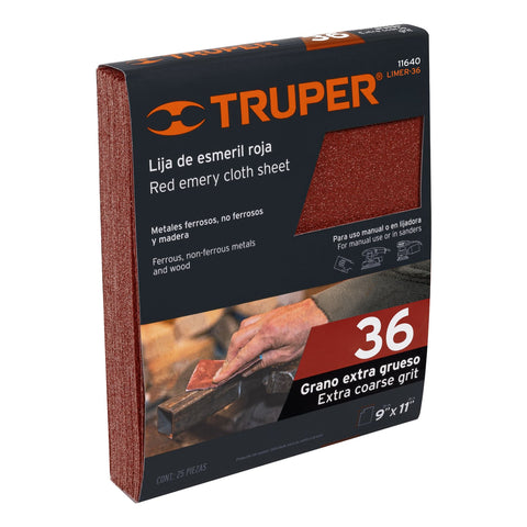 Lija de esmeril roja grano 36 de óxido de aluminio, Truper | LIMER-36 | 11640