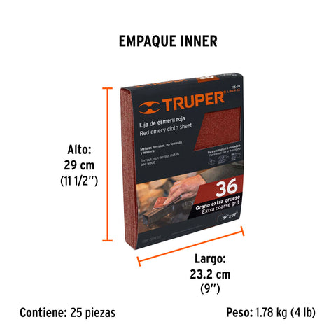Lija de esmeril roja grano 36 de óxido de aluminio, Truper | LIMER-36 | 11640