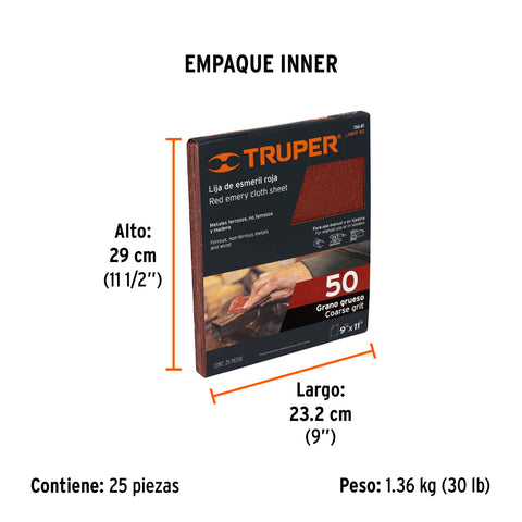 Lija de esmeril roja grano 50 de óxido de aluminio, Truper | LIMER-50 | 11641