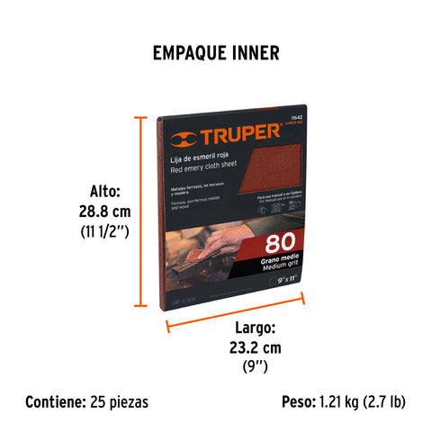 Lija de esmeril roja grano 80 de óxido de aluminio, Truper | LIMER-80 | 11642