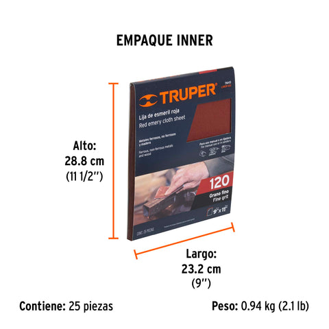 Lija de esmeril roja grano 120 de óxido de aluminio, Truper | LIMER-120 | 11643