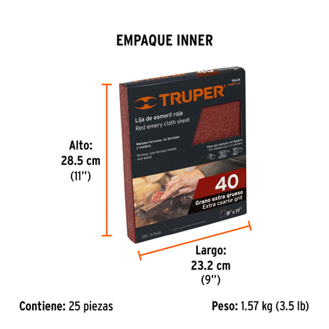 Lija de esmeril roja grano 40 de óxido de aluminio, Truper | LIMER-40 | 11644