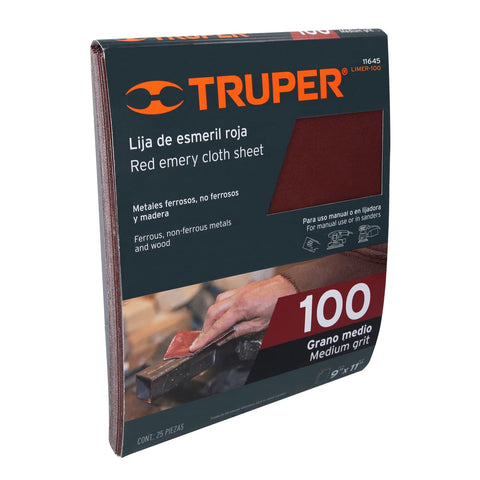 Lija de esmeril roja grano 100 de óxido de aluminio, Truper | LIMER-100 | 11645