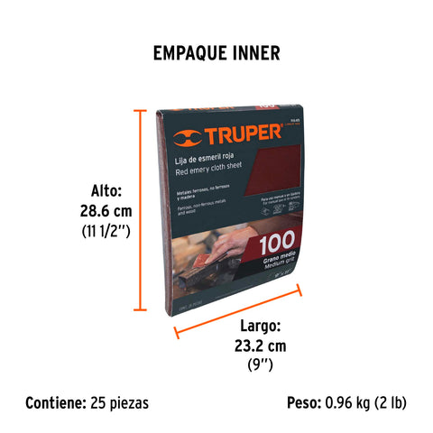 Lija de esmeril roja grano 100 de óxido de aluminio, Truper | LIMER-100 | 11645