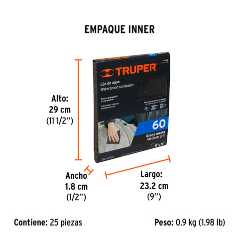 Lija de agua grano 60 de carburo de silicio, Truper | LIAG-60 | 11646