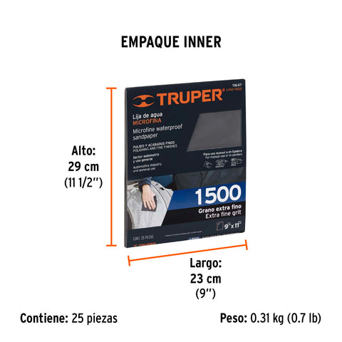 Lija de agua grano 1500 microfina carburo de silicio, Truper | LIAG-1500 | 11647