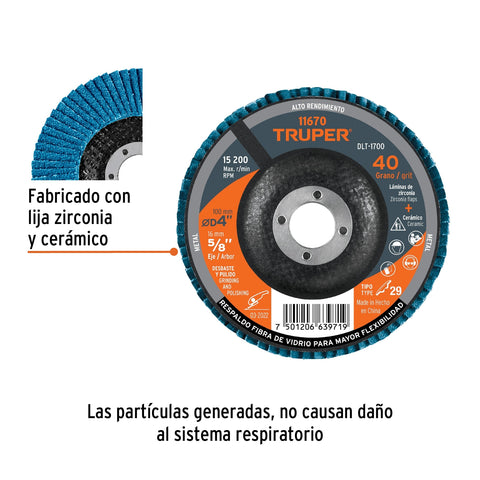 Disco laminado 4', grano 40 centro 5/8', fibra, TRUPER | DLT-1700 | 11670