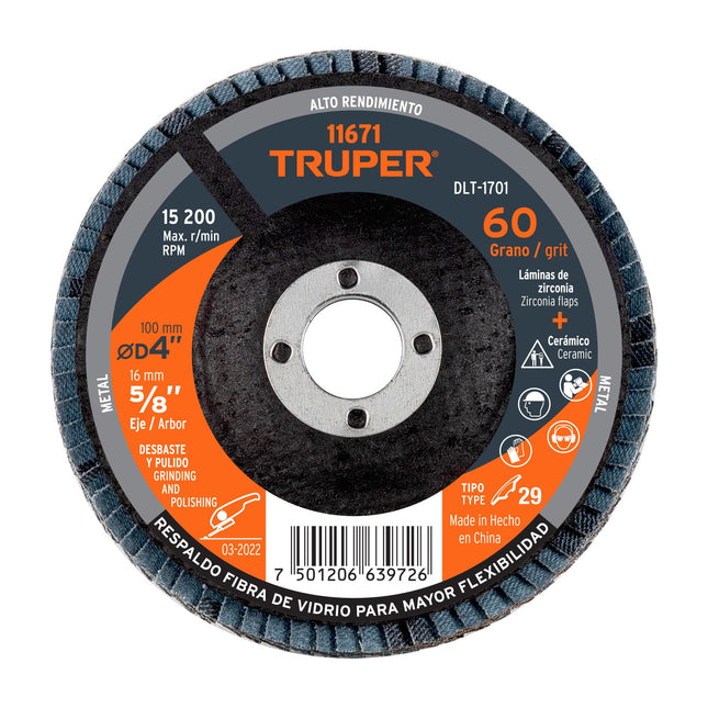 Disco laminado 4', grano 60 centro 5/8', fibra, TRUPER | DLT-1701 | 11671