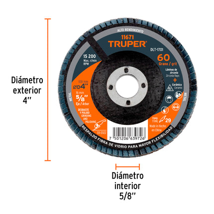 Disco laminado 4', grano 60 centro 5/8', fibra, TRUPER | DLT-1701 | 11671