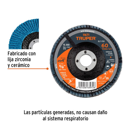 Disco laminado 4', grano 60 centro 5/8', fibra, TRUPER | DLT-1701 | 11671